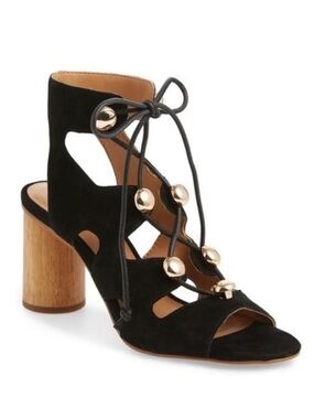Rebecca Minkoff Black Suede Lace-Up Block Heel Sandal with Gold Accents